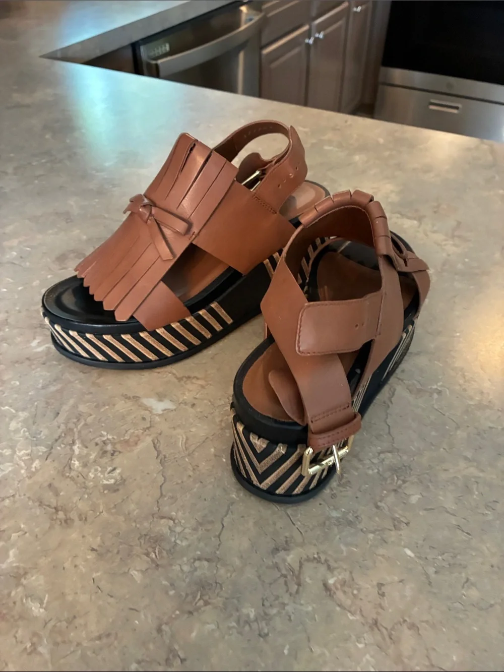 Women's Tan Platform Sandals with Fringe Cross-Strap